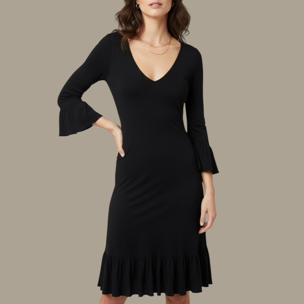 Celine Little Black Dress V Neck Ruffle Hem Sleeve Sz 40